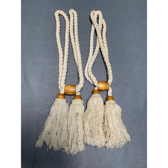 Vintage Curtain Tiebacks with Tassels & Wooden Beads Set of 2 - Picture 4 of 8
